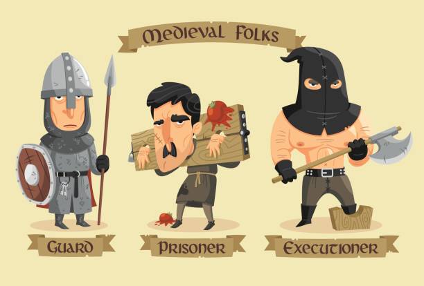 Medieval characters set Medieval prison set: a prisoner in the stocks, his guard and a executioner with a big axe. executioner stock illustrations