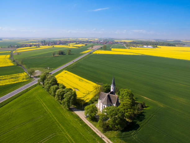 istock Church in Sidzina and flowering rape 836703700