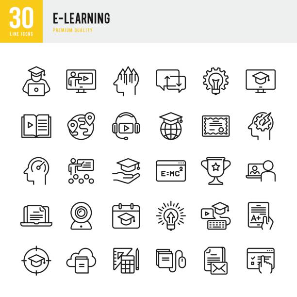 e-learning - dünne linie vektor-icons set - headphones book stock-grafiken, -clipart, -cartoons und -symbole