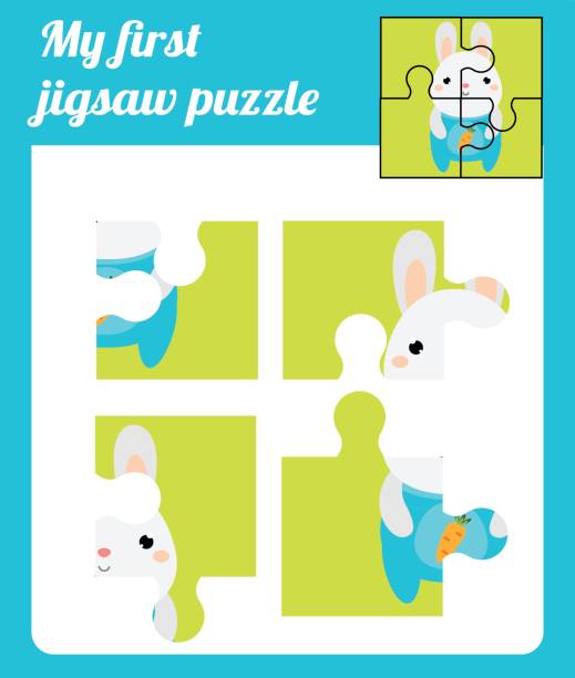 illustrazioni stock, clip art, cartoni animati e icone di tendenza di puzzle attività bambini. completa il quadro. puzzle elementare con coniglio carino. gioco educativo per bambini in età prescolare - 4 5 years elementary age child illustration and painting