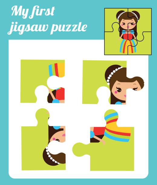 illustrazioni stock, clip art, cartoni animati e icone di tendenza di puzzle attività bambini. completa il quadro. puzzle elementare con ragazza carina principessa. gioco educativo per bambini in età prescolare - 4 5 years elementary age child illustration and painting