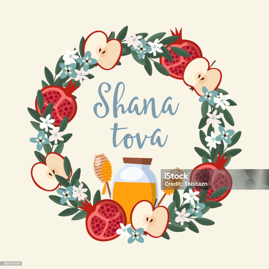 Shana Tova greeting card, invitation for Jewish New Year Rosh Hashanah. Floral wreath made of pomegranate and apple fruit, leaves, flowers and honey. Vector illustration background, flat design Shana Tova greeting card, invitation for Jewish New Year Rosh Hashanah. Floral wreath made of pomegranate and apple fruit, leaves, flowers and honey, vector illustration background, flat design. Rosh Hashanah stock vector