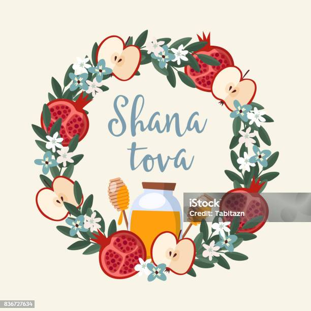 Shana Tova Greeting Card Invitation For Jewish New Year Rosh Hashanah Floral Wreath Made Of Pomegranate And Apple Fruit Leaves Flowers And Honey Vector Illustration Background Flat Design Stock Illustration - Download Image Now