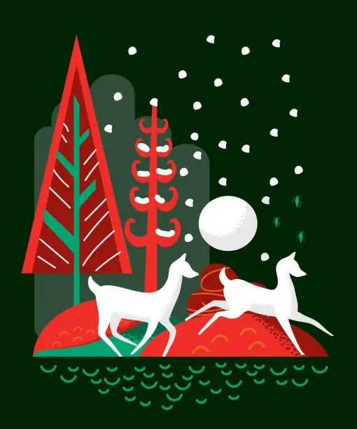 Vector illustration of Stylized deer running in the woods Merry Christmas greeting design