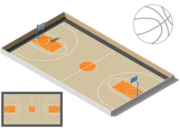 Vector illustration of Basketball court isometry. Basketball ball silhouette. For your business project. Vector Illustration