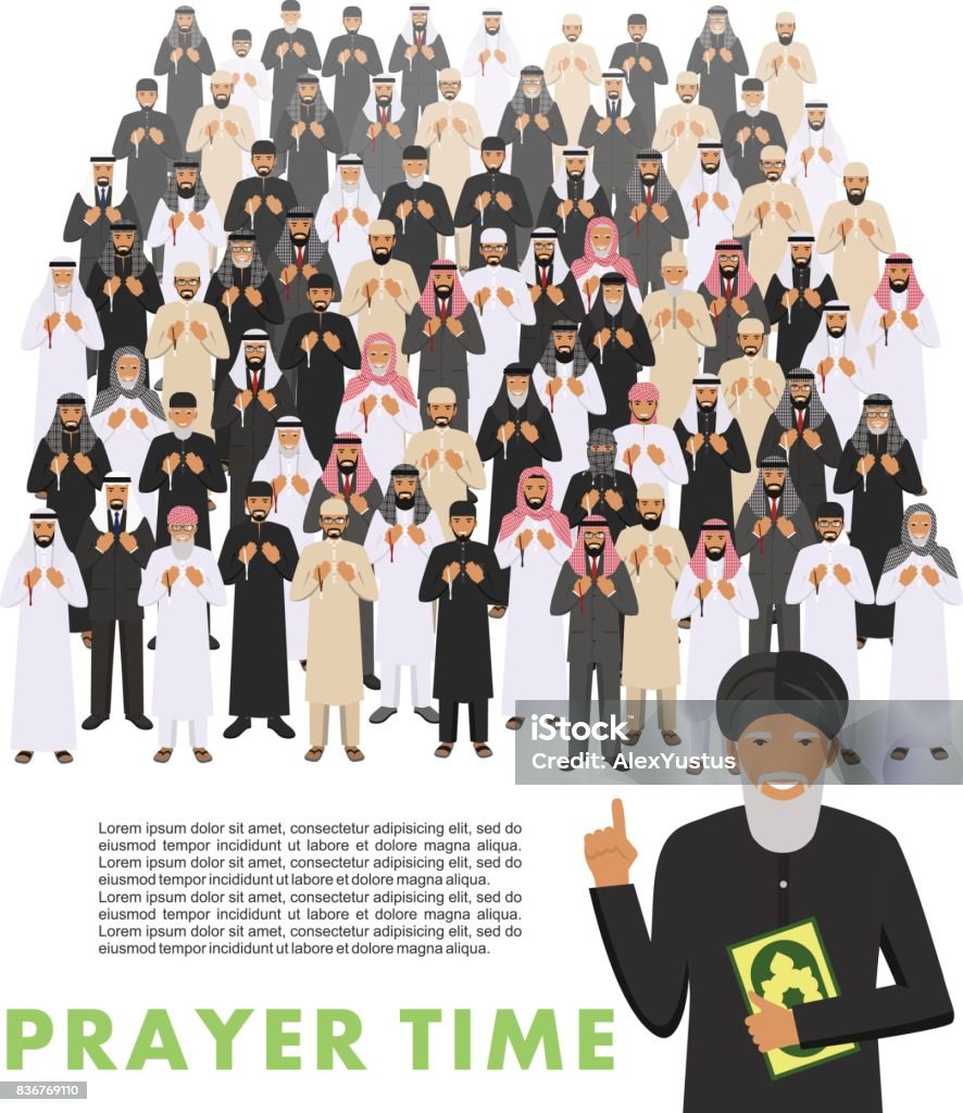기도 시간입니다 다른 서 오래 된 이슬람 아랍어와 젊은 사람과 전통적인 아라비아 옷에 물 라 기도 꾸 란과 평 복입니다 이슬람 남자  손에 구슬 가진 기도 모스크와 첨탑의 실루엣입니다 벡터 일러스트입니다 남자에