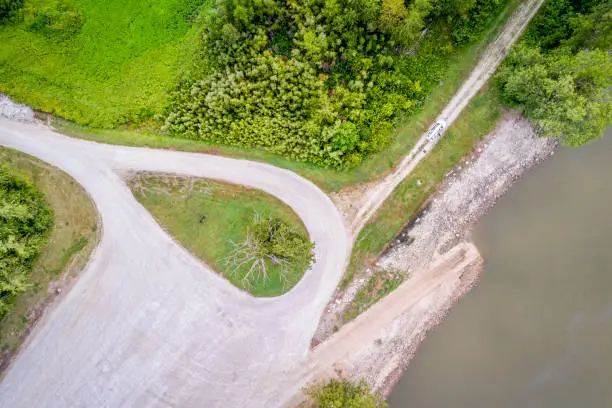 Missouri River boat ramp and parking lot  at Dalton Bottom - aerial view