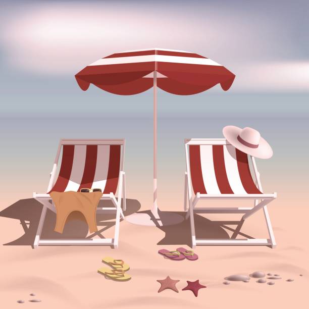 Summer. Recliners and Beach umbrella. Beach sand. Summer rest. Vector Illustration Summer. Recliners and Beach umbrella. Beach sand. Summer rest. Vector Illustration plage stock illustrations