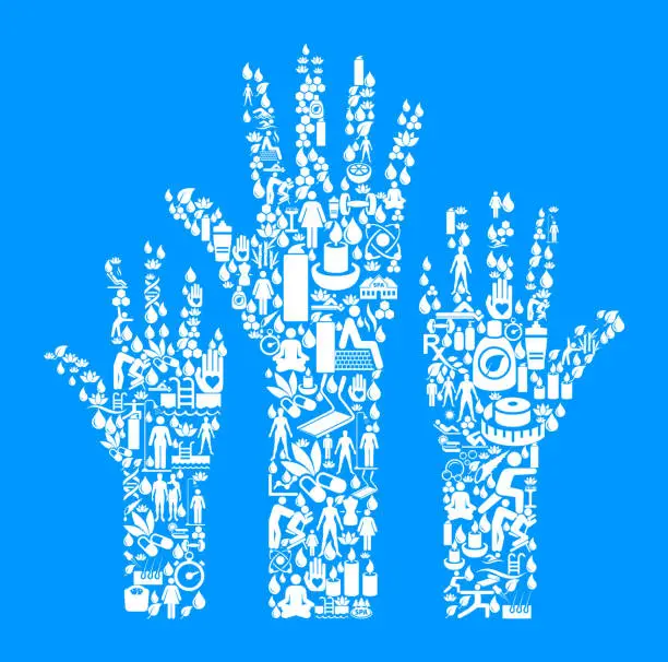 Vector illustration of Raised Hands Health and Wellness Icon Set Blue Background