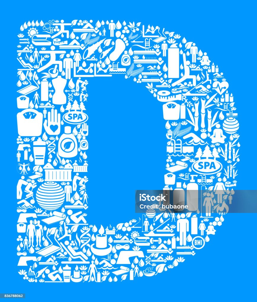 Letter D Health and Wellness Icon Set Blue Background Letter D Health and Wellness Icon Set Blue Background . This vector graphic composition features the main object composed of health and wellness icons. The icons vary in size. The vector icons are in white color and form a seamless pattern to form the object. The background is blue. The icons include such popular healthcare and wellness icons as fitness, water, people exercising, massage, stretching, yoga and many more. You can use this entire composition or each icon can also be used separately and as not part of the icon set. Adult stock vector