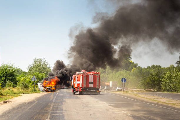 istock Burning motor vehicle after road accident 836793028