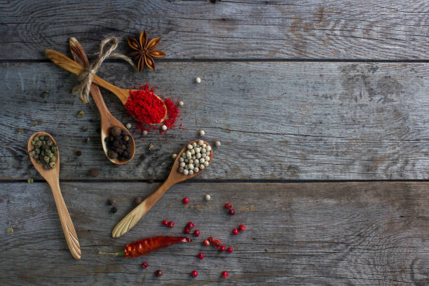 istock pepper mix in wooden spoons on rustic table, colorful indian spices 836793962