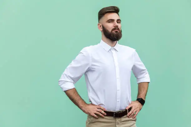 The arrogant bearded man. Businessman looking at camera. Indoor, studio shot, light green background