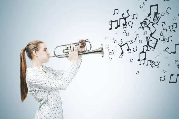 Blonde saxophone player and music notes