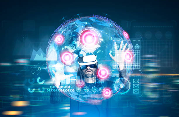 istock Earth hologram with graphs and vr glasses man 836806756