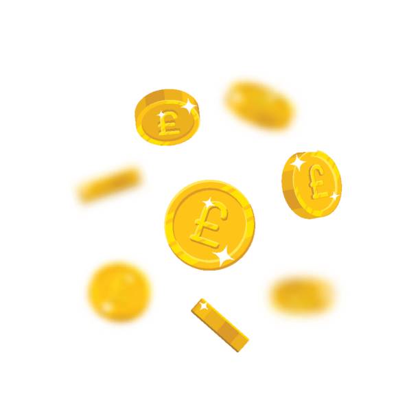Gold pounds flying cartoon isolated Gold pounds flying cartoon isolated. Gold pounds with the effect flying in the air in a cartoon style for designers and illustrators. Floating pieces in the form of vector illustrations one pound coin stock illustrations