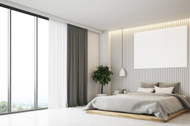 istock Beige bedroom with a poster, side view 836818462