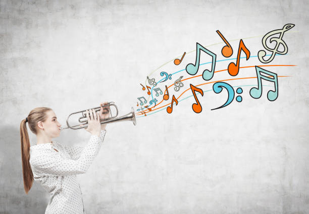 istock Blonde woman with a saxophone, notes 836820084