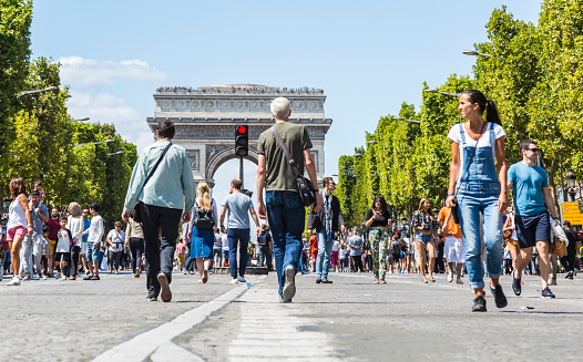 Paris- July 6,2017: People walking on the famous French boulevard Champs Elysees closed for car traffic. Each first Sunday of the month The Boulevard is closed for car traffic, symbolising the fight of parisians against the pollution.