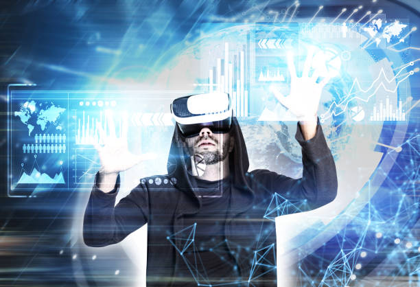 istock Bearded guy in VR glasses, graphs, HUD 836826560