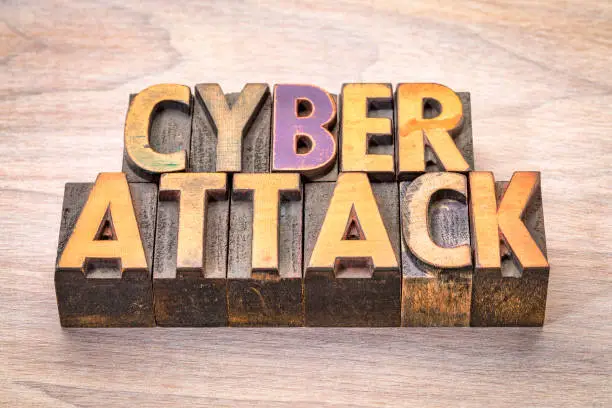 cyberattack  word abstract in vintage letterpress woodtype printing blocks