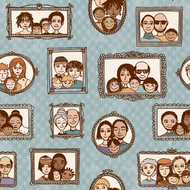 Cute family pattern Seamless pattern of cute family pictures hanging on the wall family photo on wall stock illustrations