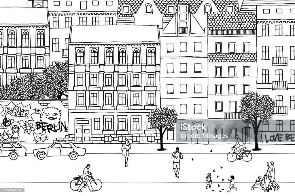 People walking through Berlin Hand drawn urban black and white scene City stock vector
