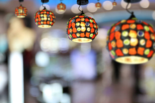 Warm lighting modern ceiling lamps in the cafe and interior decoration restaurant.