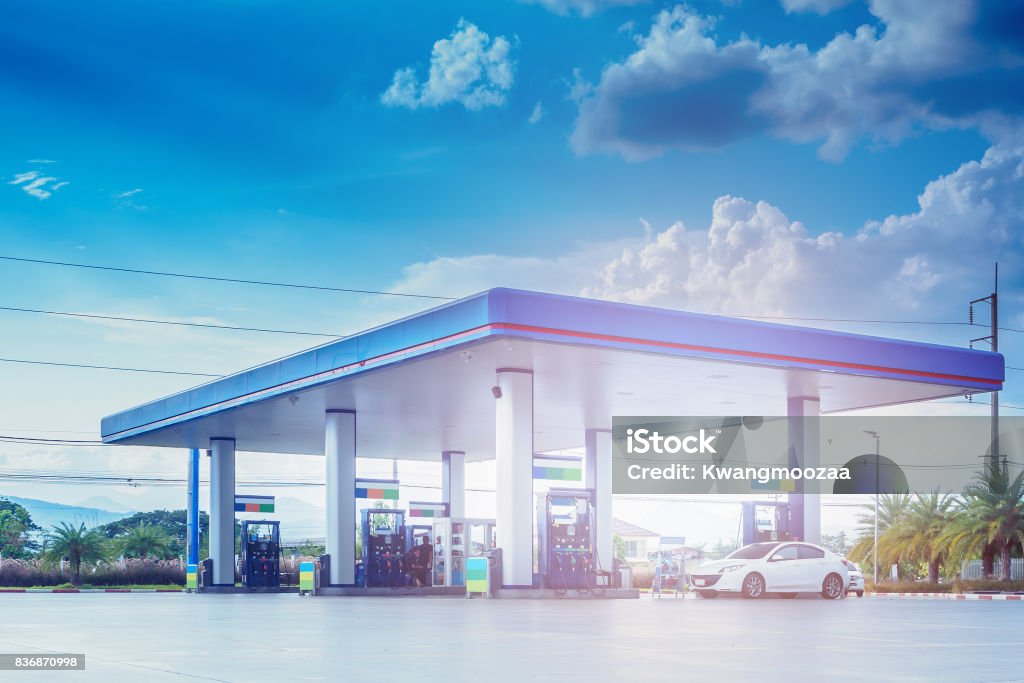 Gas station with clouds and blue sky Gas fuel station with clouds and blue sky Station Stock Photo