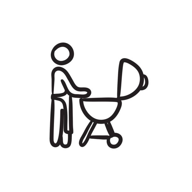 Man at barbecue grill sketch icon Man at barbecue grill vector sketch icon isolated on background. Hand drawn Man at barbecue grill icon. Man at barbecue grill sketch icon for infographic, website or app. man grilling white background stock illustrations