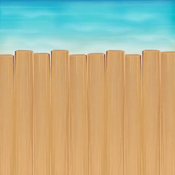 Vector illustration of brown wood board over sea water background