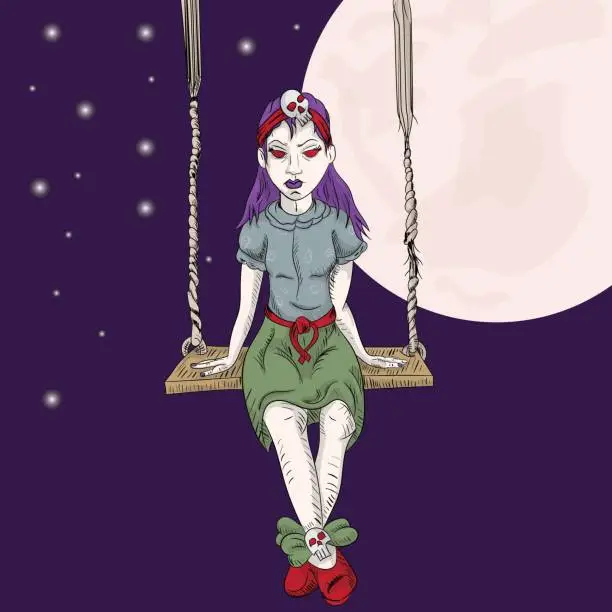 Vector illustration of Emo girl sitting on the swing