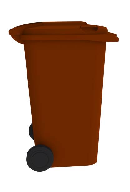 istock Beside view of brown garbage wheelie bin with a closed lid on a white background, 3D rendering 837009354