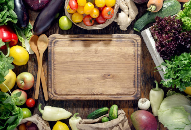 istock Around empty kitchen board a set of healthy food on rustic wooden table 837033068