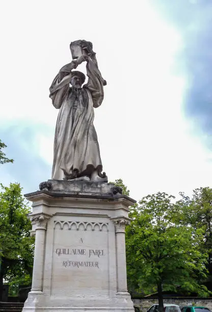 Photo of Statue of Guillaume Farel in Neuchatel.  a French evangelist, and a founder of the Reformed Church in the cantons of Neuchatel, Berne, Geneva, and Vaud in Switzerland.