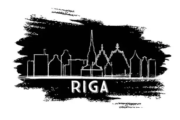 Vector illustration of Riga Latvia Skyline Silhouette. Hand Drawn Sketch.