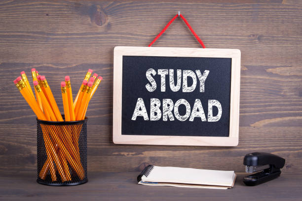 istock Study Abroad. Chalkboard on a wooden background 837066976