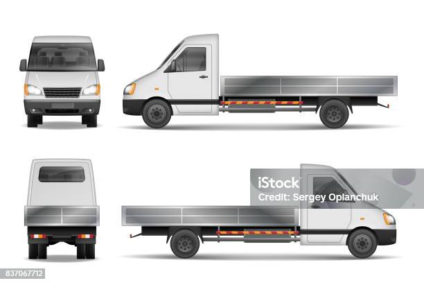 Cargo Van Vector Illustration Isolated On White City Commercial Lorry Delivery Vehicle Mockup From Side Front And Rear View Vector Illustration Stock Illustration - Download Image Now