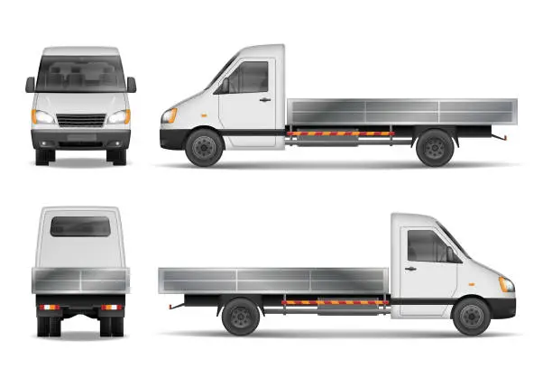 Vector illustration of Cargo van vector illustration isolated on white. City commercial lorry. delivery vehicle mockup from side, front and rear view. Vector illustration