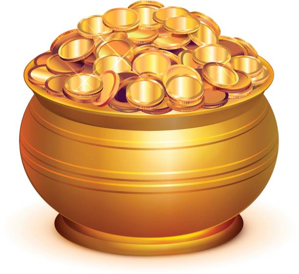 ilustrações, clipart, desenhos animados e ícones de pote de ouro cheio de moedas de ouro - pot of gold