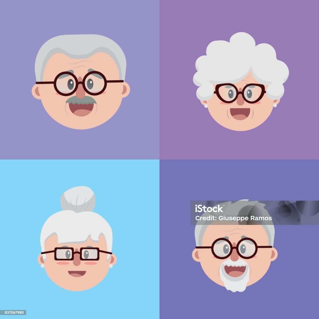 Set Grandparents Couples Face With Glasses And Hairstyle Stock Illustration  - Download Image Now - iStock
