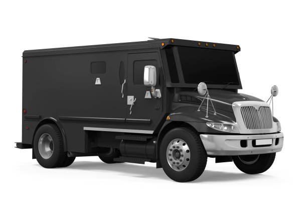 Black Armored Truck Isolated Black Armored Truck isolated on white background. 3D render armoured truck stock pictures, royalty-free photos & images