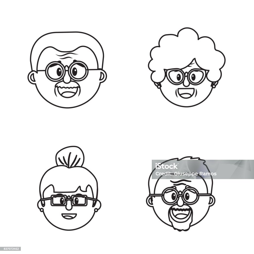 Set Grandparents Couples Face With Glasses And Hairstyle Stock Illustration  - Download Image Now - iStock