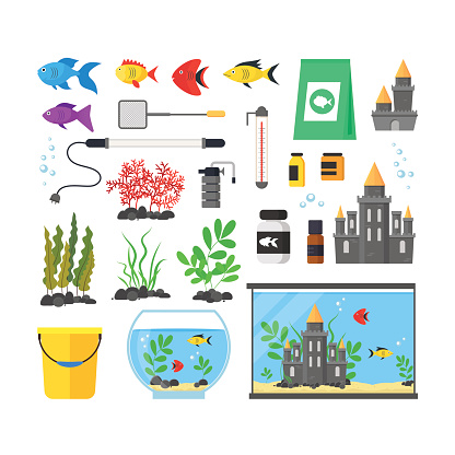 Aquarium with Fish, Blue Water and Equipment Set Hobby or Decor Interior Home Include of Thermometer, Bowl, Filter and Lamp . Vector illustration of two Aquariumes