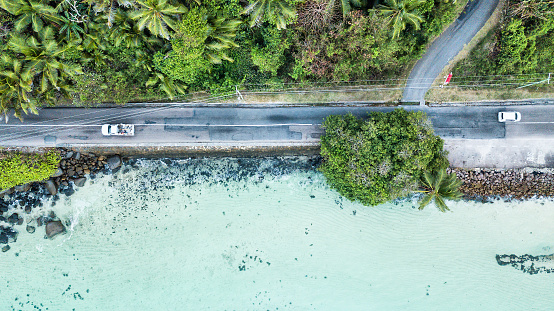 Aerial view of main road of Mahe Island on the sea - Seychelles