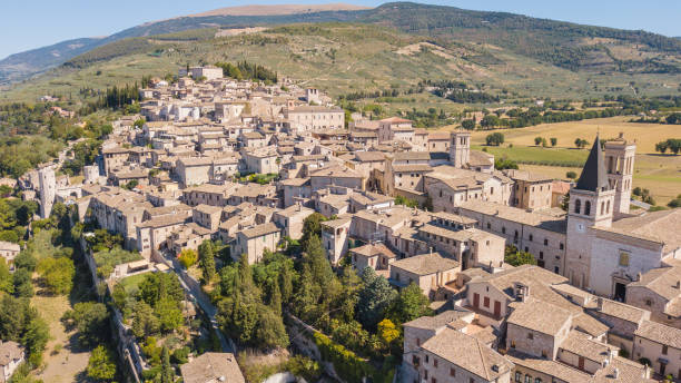 Spello, one of the most beautiful small town in Italy. Drone aerial view of the village stock photo