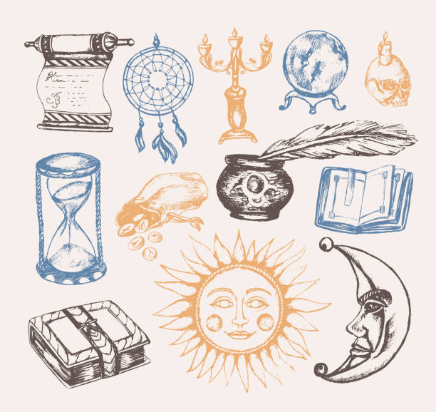Mystical Arts - vector vintage illustration Mystical Arts - vector vintage illustration. Realistic scroll, grimoire, feather pen, inkpot, crystal ball, candle in a skull, dreamcatcher, candlestick, bag of runes, book, sun, moon, hourglass clip art of scroll quill stock illustrations