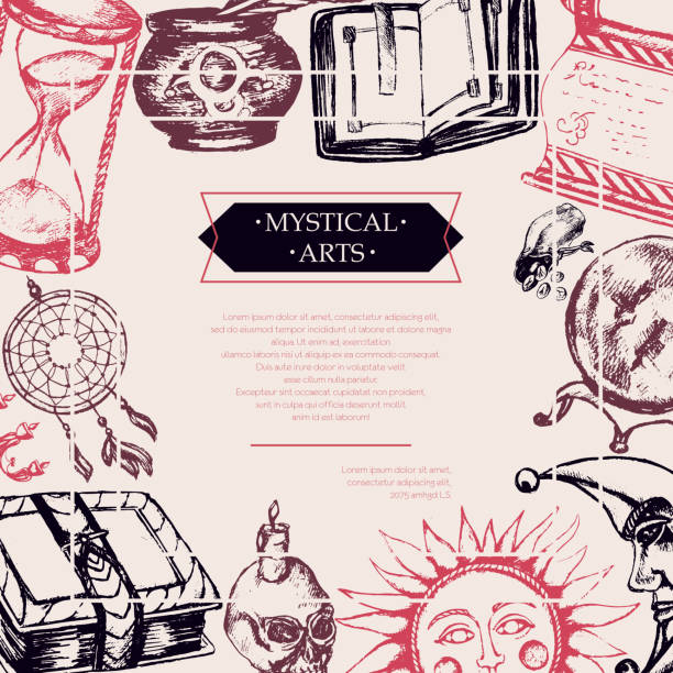 Mystical Arts - color vintage postcard. Mystical Arts - color vector drawn vintage postcard, copy space. Scroll, grimoire, feather, inkpot, crystal ball, candle, skull, dreamcatcher, candlestick, bag of runes, book, sun, moon, hourglass clip art of scroll quill stock illustrations