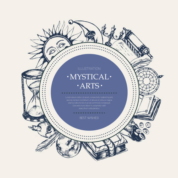 Mystical Arts - modern drawn round banner. Mystical Arts - modern vector drawn round banner, copy space. Realistic scroll, grimoire, feather, inkpot, crystal ball, candle, skull, dreamcatcher, candlestick, rune bag, book, sun, moon, hourglass clip art of scroll quill stock illustrations