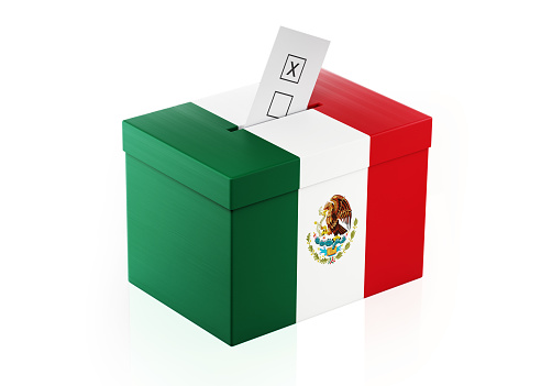 Ballot box textured with  Mexican Flag. Isolated on white background. A vote envelope is entering into the ballot box. Horizontal composition with copy space. Great use for referendum and 2017 presidential elections related concepts. Clipping path is included.